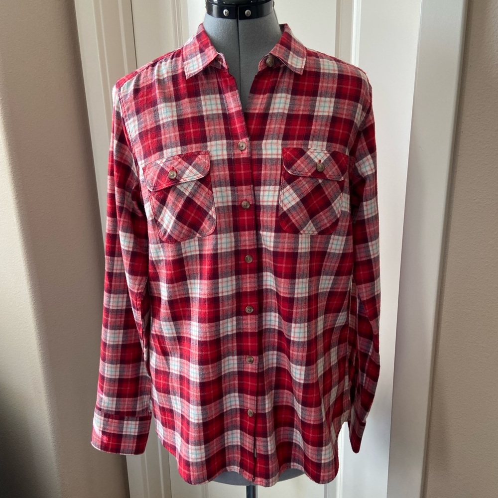 Eddie Bauer Flannel Long-Sleeve Button Down, Red & White, Size M